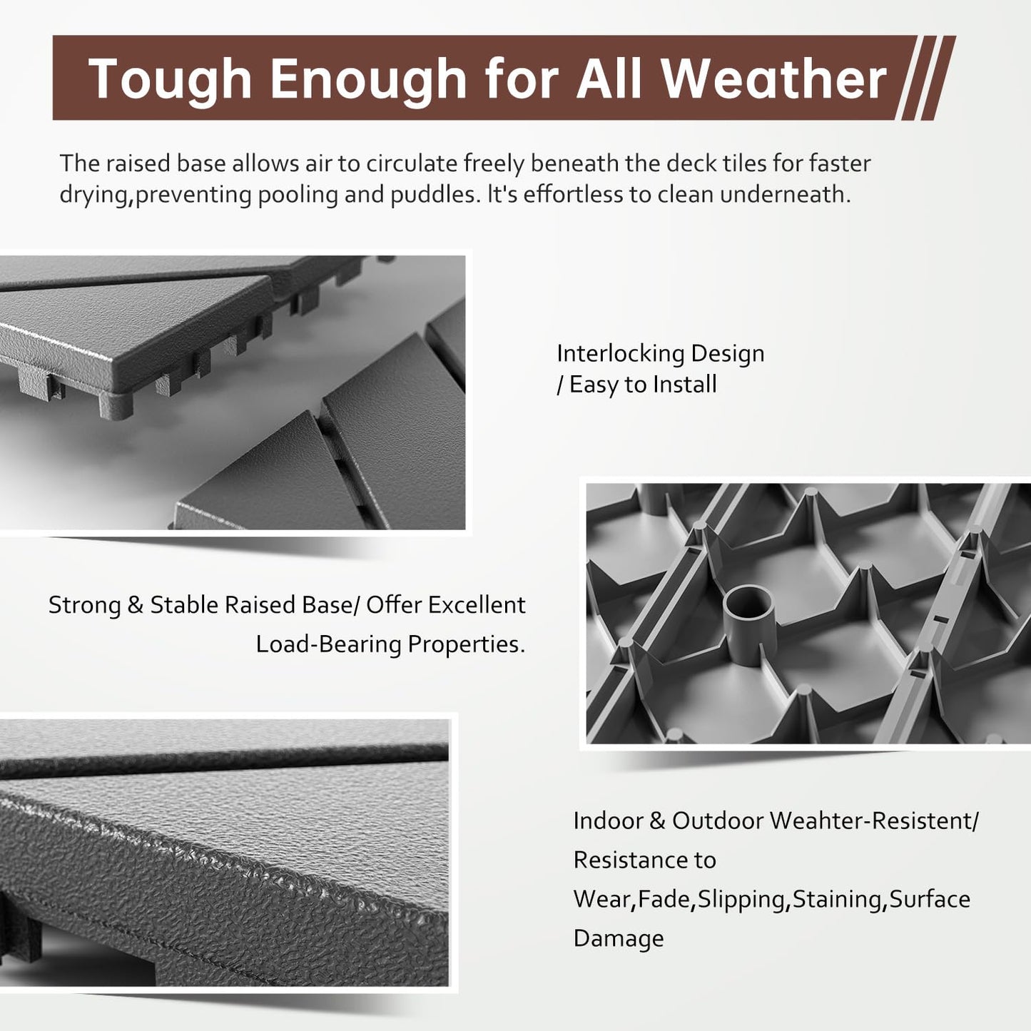 EchoDeck Interlocking Deck Tiles,36 Pack Patio Tiles Outdoor Interlocking All Weather,Patio Deck Tiles,12"x12",Diagonal,Sturdy Base,Highly Durable,Stylish,Non-Slip,Faster-Drying,Efficient,Dark Grey