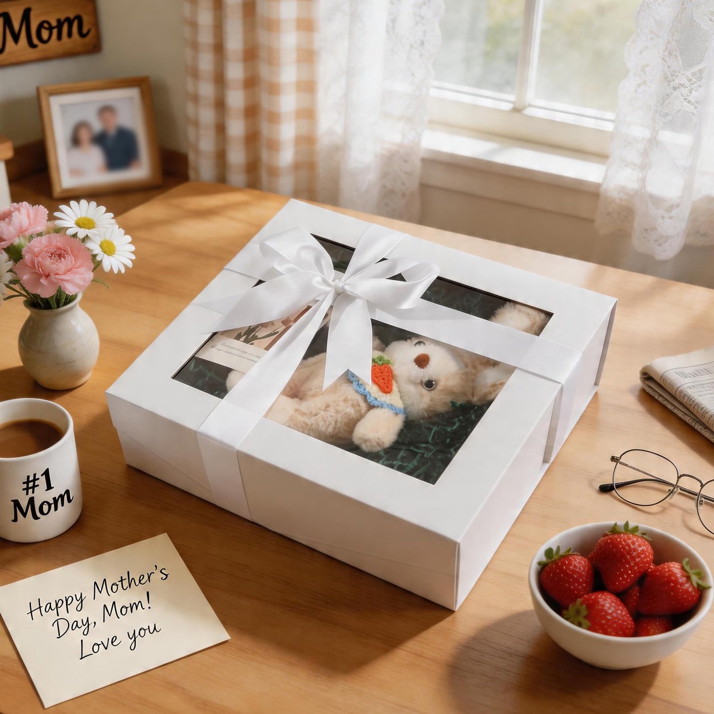 PACKQUEEN 5 Extra Large White Gift Boxes with Windows, 16.3x14.2x5 Inches Mother's Day Clear Gift Boxes for Presents Contain Ribbons, Cards, Bridesmaid Proposal Boxes with Magnetic Lids (Glossy White)