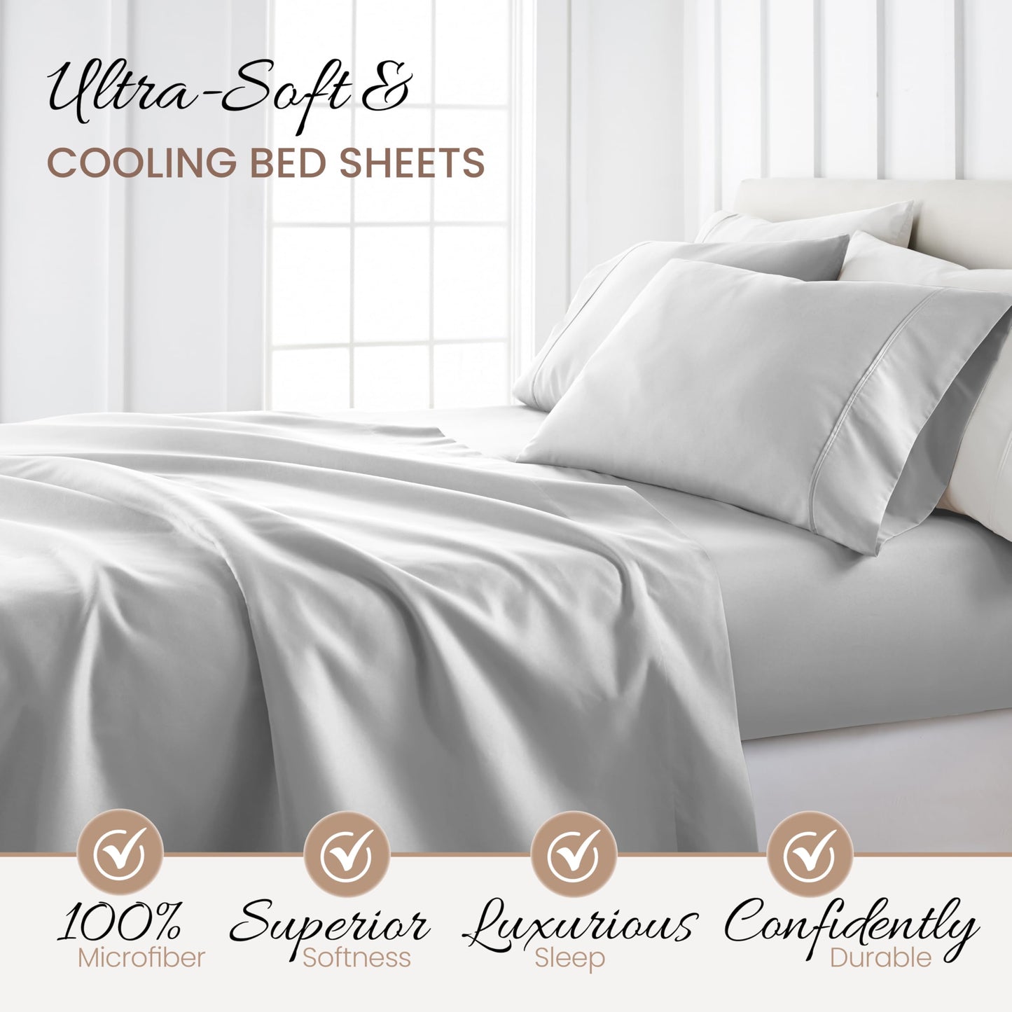 Linen Market Brushed Microfiber Queen Sheet Set 4 Piece – Oeko-TEX Certified Ultra Soft & Wrinkle-Free - 16" Deep Pocket Sheets - Easy Care Queen Size - Light Gray