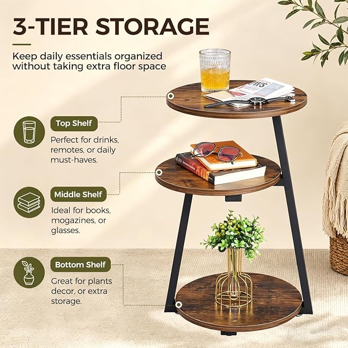 BEWISHOME Round Side Table, 3-Tier End Table, Nightstand