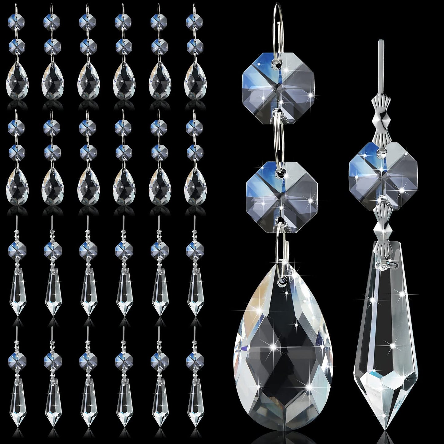 Potchen 24 Pcs Chandelier Crystal Replacement 38 mm Teardrop & Icicle Crystal Prisms Hanging Gems Parts for Lamps and Chandeliers Suncatcher Christmas Tree Windows Home Decor (Clear)