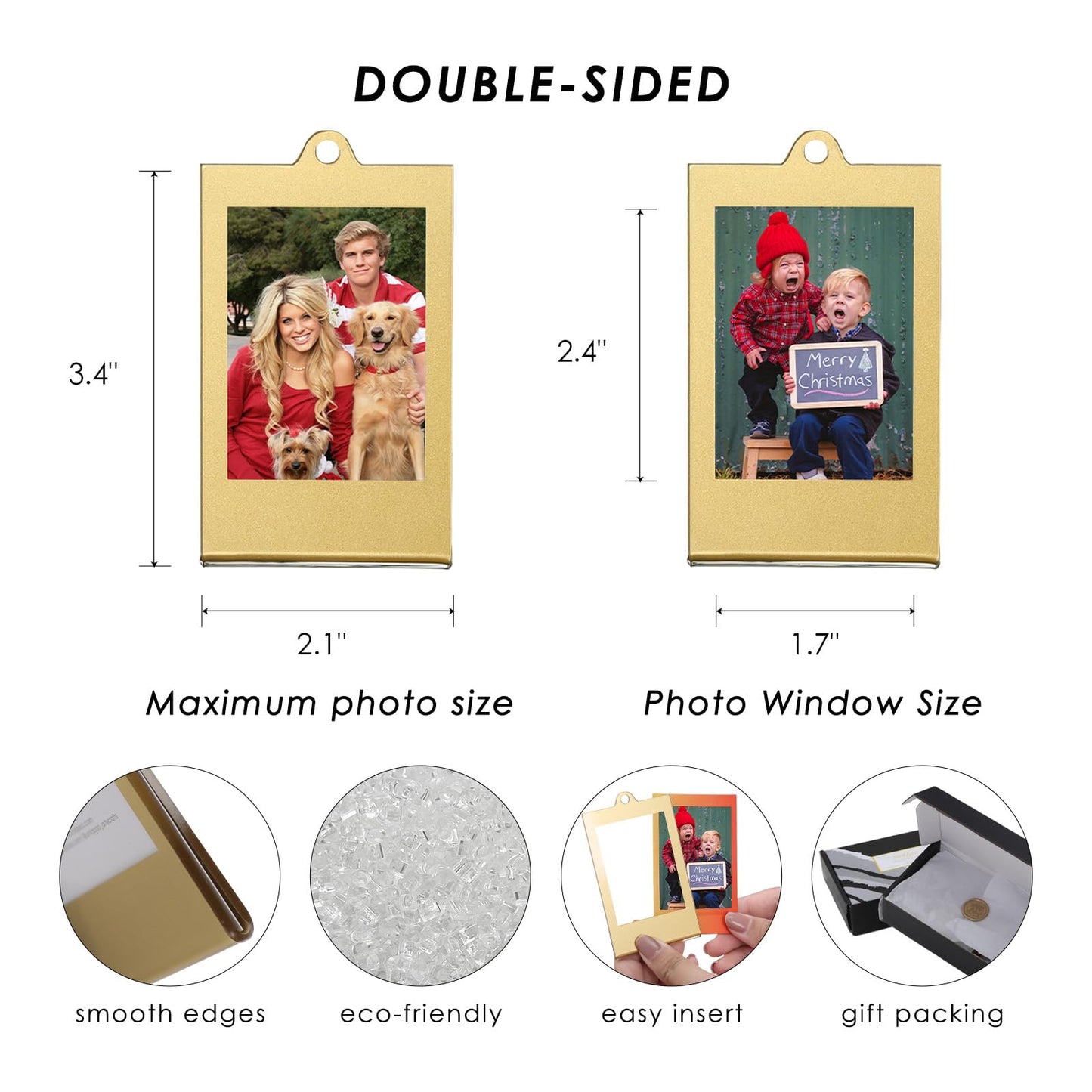 UNIQOOO 8 Set Christmas Instax Acrylic Picture Frames 8.6 * 5.4cm Fujifilm Polaroid Picture Ornaments, Blank Double-Sided Picture Frames for Polaroid Film, Hanging Photo Ornaments For Tree (Gold)
