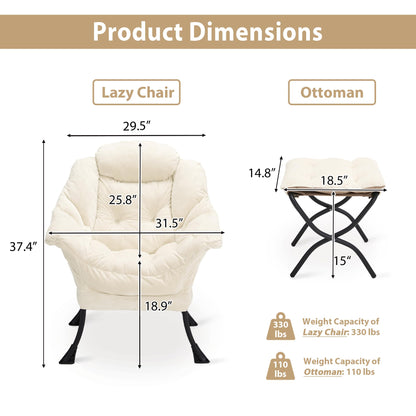 Youtanic Lazy Chair with Folding Ottoman, Accent Chair Plush Upholstered with Metal Structure and Non-Slip Pads, Sofa Armchair with Footrest and Side Storage Bag for Dorm, Room, Office, Beige