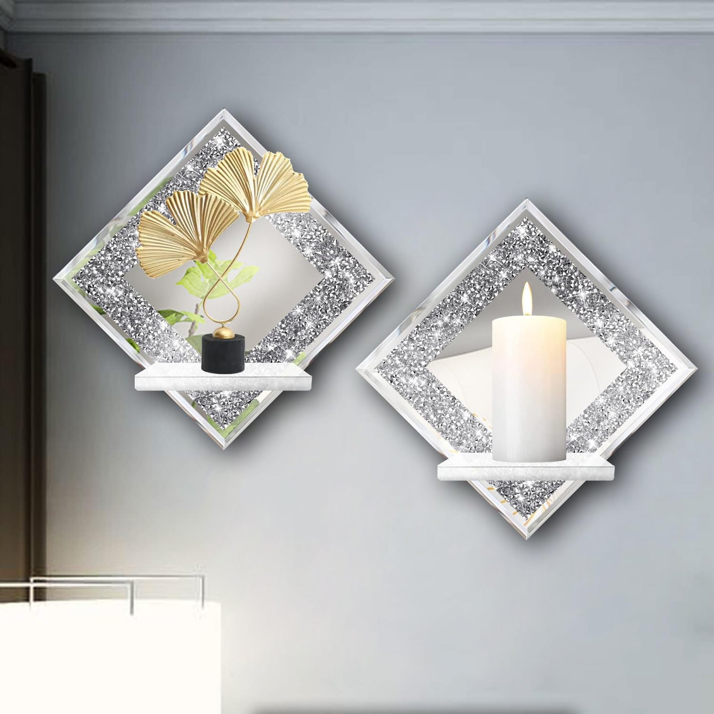 ZOLAPI Crystal Crush Diamond Wall Candle Holder Set of 2, Diamond Silver Mirrored Candle Sconces, Home Wall Decoration for Living Room, Dining Room & Bedroom.