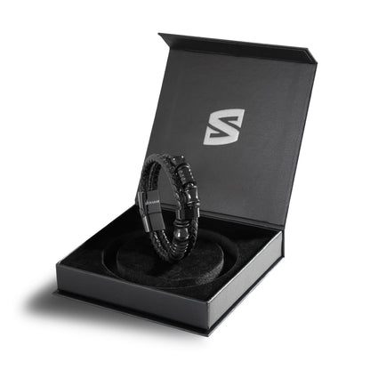 SERASAR 20cm Black Bracelet Mens GiftBox Genuine Leather Cowhide Braided AdjustAble Magnetic Clasp MultiLayer Wrap Jewellery Mans Male Bracelets Band Jewelry Magnet Accessories