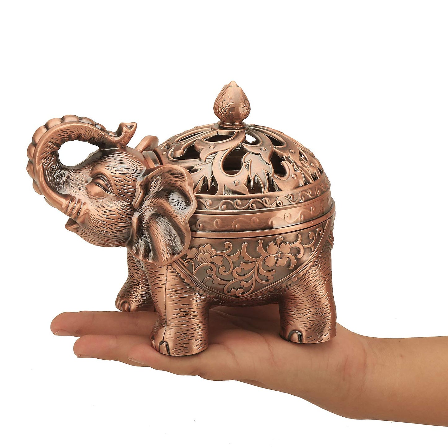 K COOL Alloy Incense Holder Stand Elephant Cone Coil Incense Burner Ash Catcher with Lid, Aromatherapy Ornament Home Decoration for Indoor Outdoor (Red Copper)