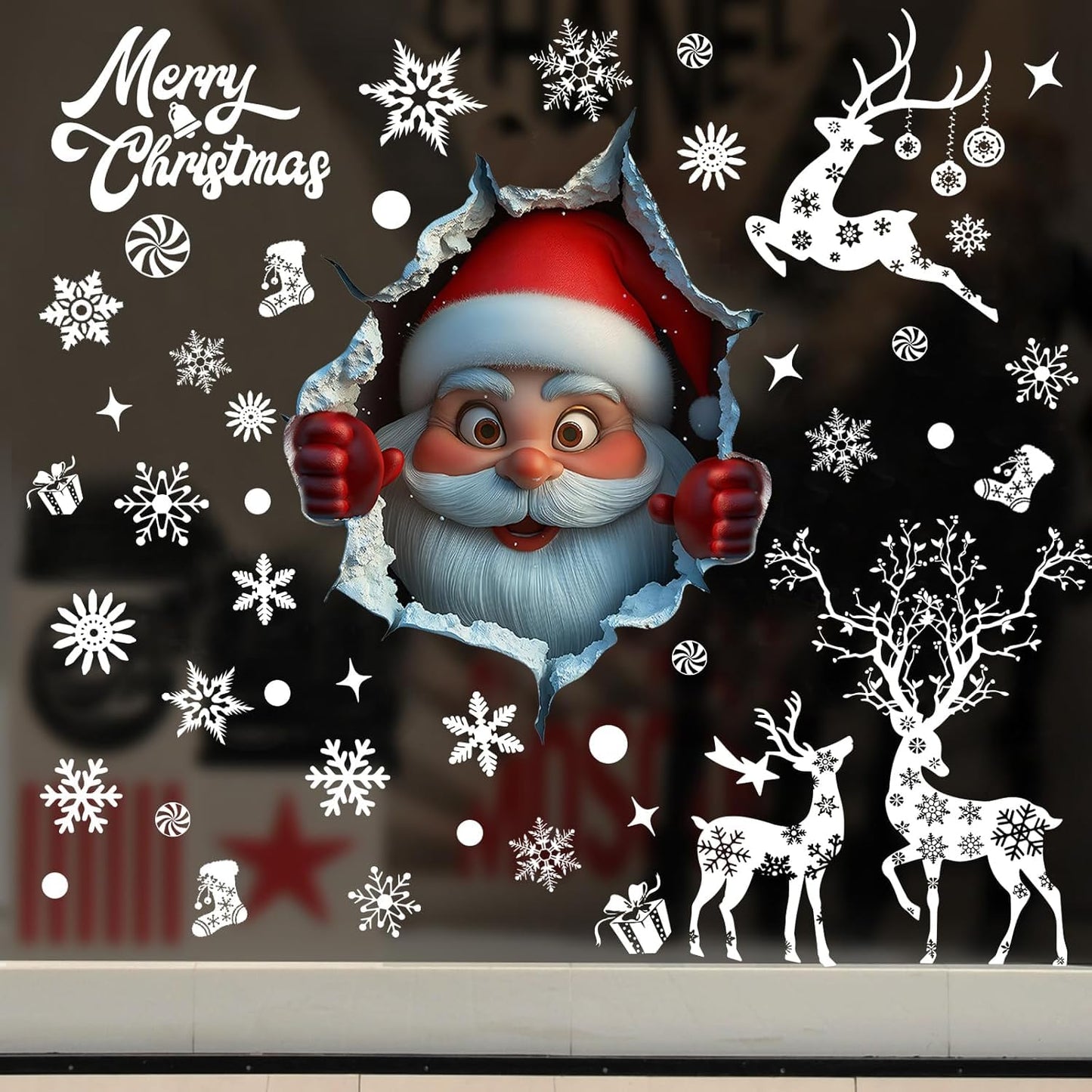 Christmas Window Clings Double Sided 3D Santa Claus Window Stickers Christmas Decorations Removable Reindeer Snowflake Vinyl Decals for Glass Windows, Home, Shop, Office, Holiday Party Xmas Decor