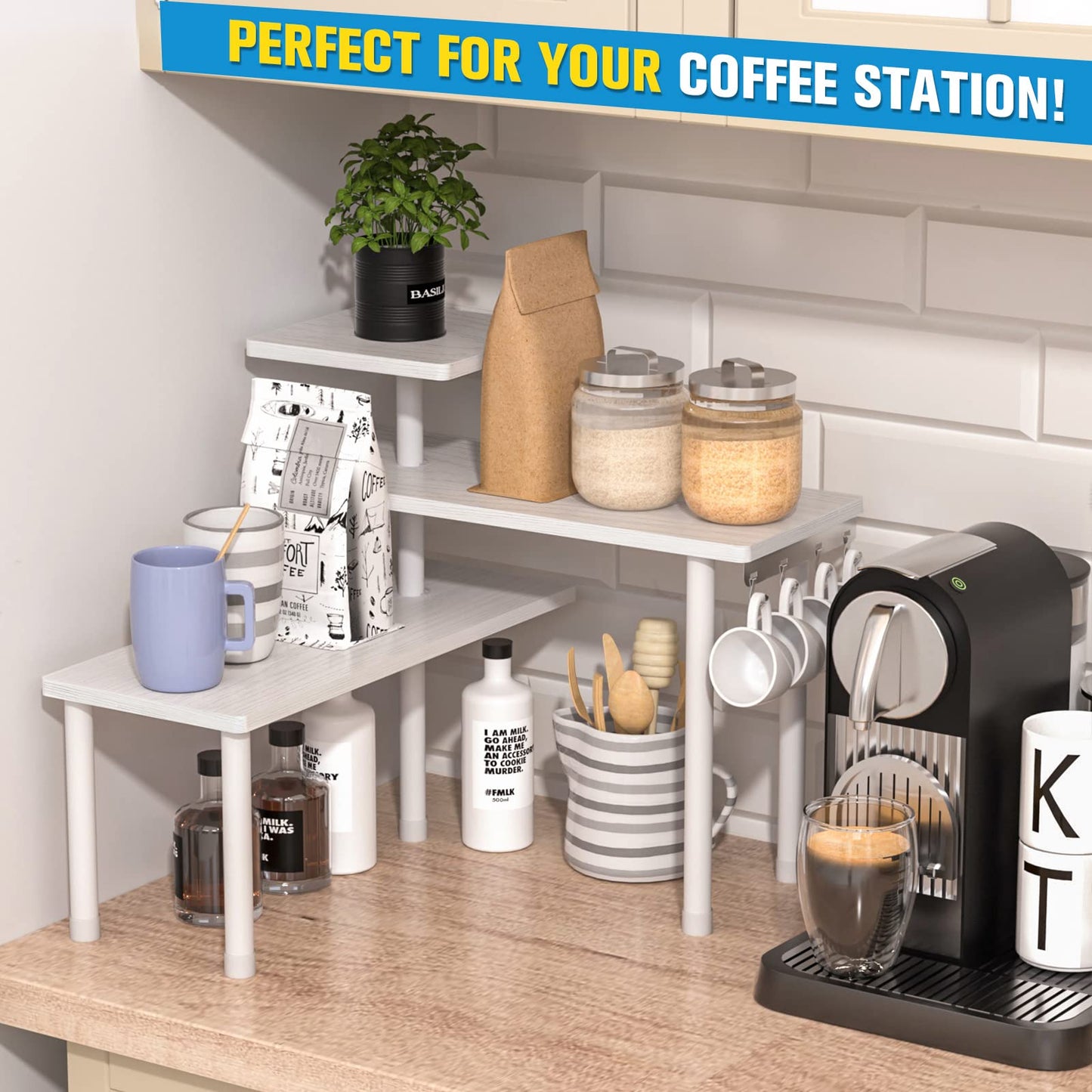 JayRex Countertop Organizer Organization, 3 Tier Moveable Corner Shelf Organizer for Kitchen, Bathroom, Spice Rack, Coffee Area, Over Sink, Dresser Table (Rustic Brown)