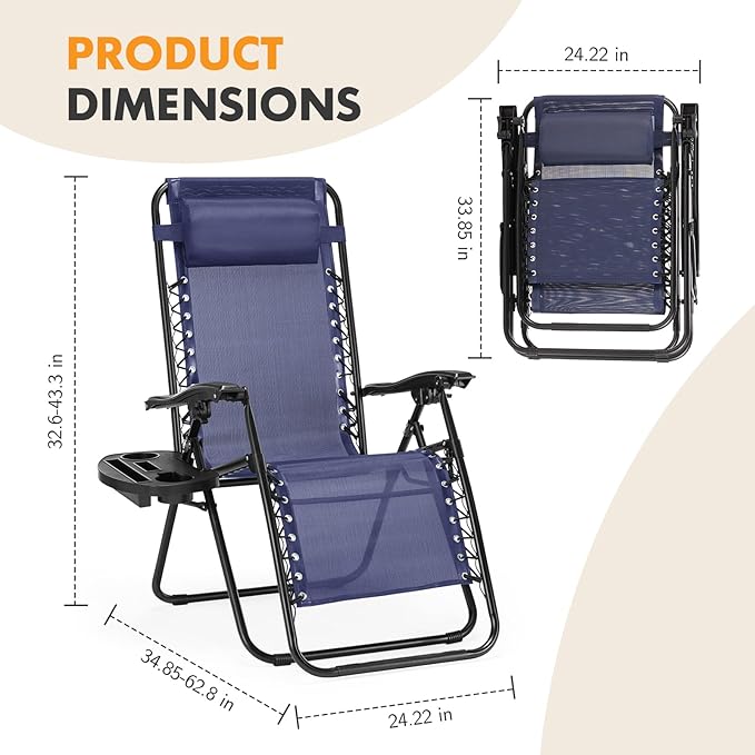 NEWBULIG Zero Gravity Chair Set of 4, Lounge Chair Folding Portable Adjustable Camping Reclining Chairs with Adjustable Pollow, Mesh Back, Cup Holder Trays Lawn Patio Chair for Pool Beach - Blue