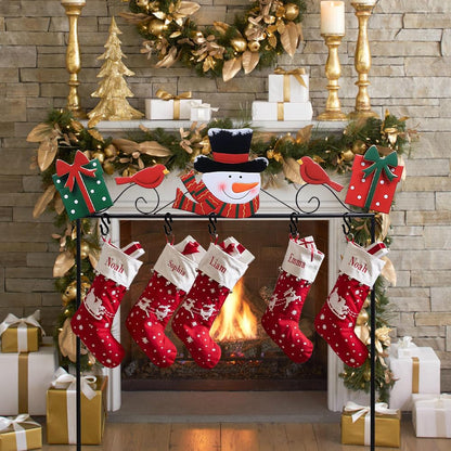YEAHOME Christmas Stocking Holder Stand, Metal Freestanding Stocking Stand with Snowman Red Bird Xmas Gifts Box, 5 Hooks Stocking Hanger for Christmas Decorations Indoor Home Living Room Fireplace