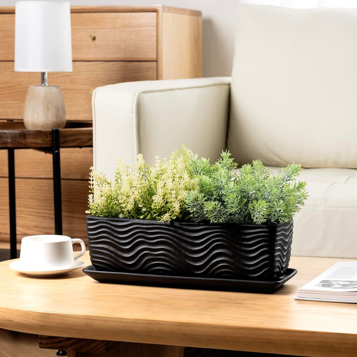MyGift 12.5 inch Ceramic Planter, Modern Textured Rectangular Succulent Flower Plant Pot with Wave Design and Removable Drip Tray Saucer (Black)