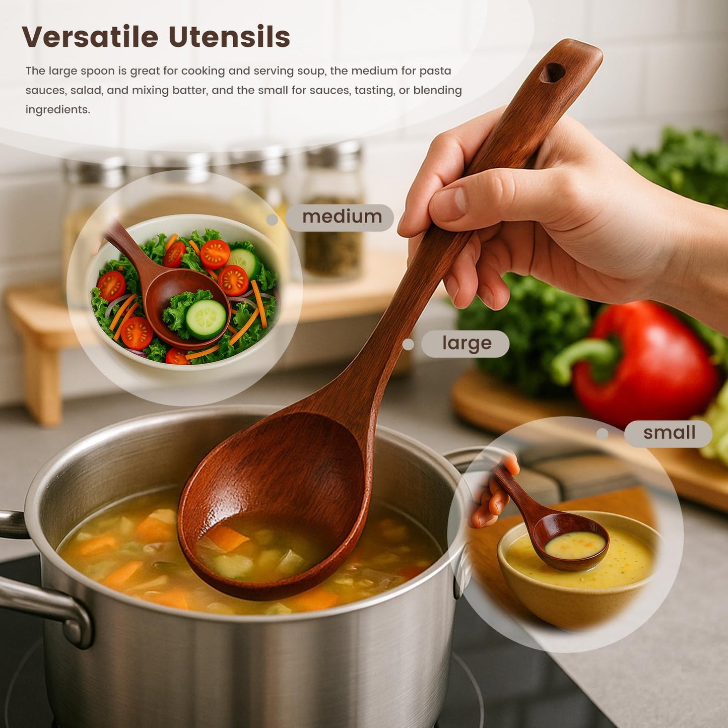 HANSGO Wooden Ladle for Soup, 3 Size Wooden Spoons for Deep Pot & Bowl, Heat Resistant Handles, Non-Stick Wood Kitchen Utensils Set for Cooking, Serving and Stirring Thick Stews, House Warming Gifts