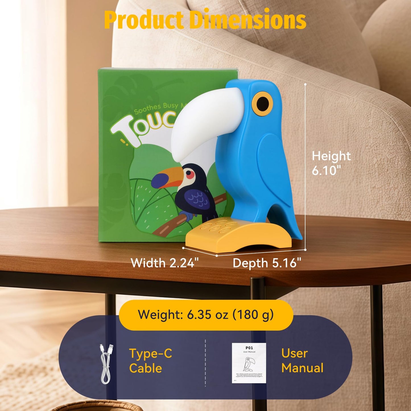Aokpsrt Rechargeable Toucan Night Light with White Noise, Bird Table Lamp with RGB Mood Lighting, 3-Level Dimmable Warm Light, USB Bedside Lamp for Bedroom, Desk, Shelf, Blue