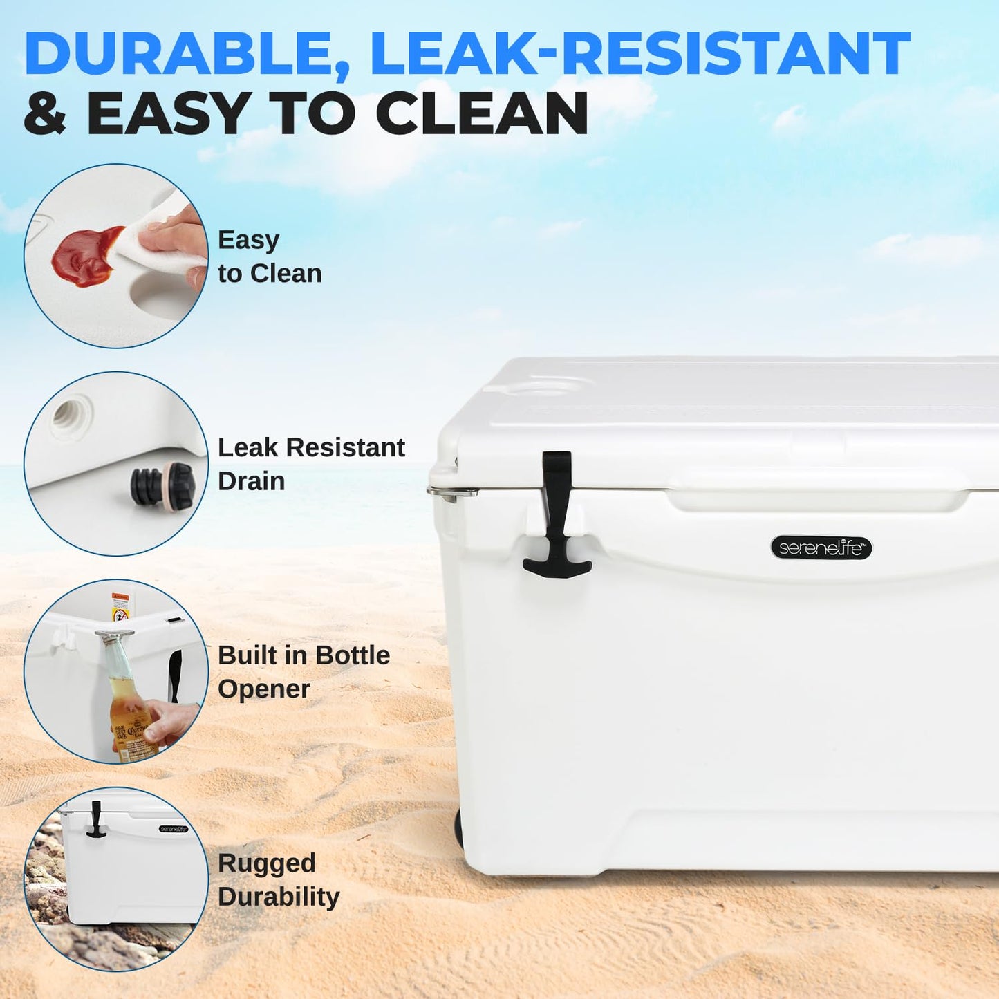 SereneLife 50 Qt Portable Cooler Box – Heavy Duty White Ice Chest Holds 63 Cans, Keeps Ice Cold Up to 5 Days, Leak-Resistant Outdoor Camping, Fishing, Tailgating, Beach Cooler