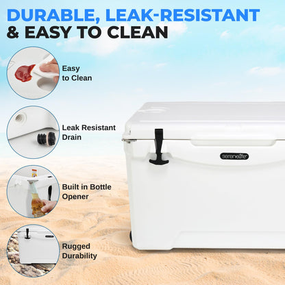 SereneLife 50 Qt Portable Cooler Box – Heavy Duty White Ice Chest Holds 63 Cans, Keeps Ice Cold Up to 5 Days, Leak-Resistant Outdoor Camping, Fishing, Tailgating, Beach Cooler