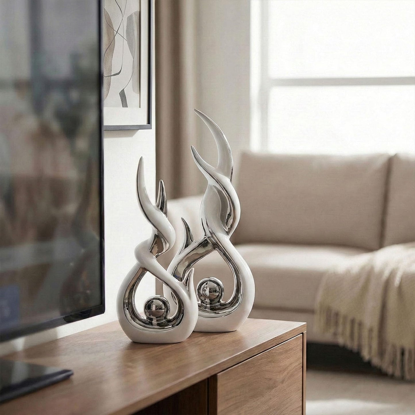 LCCCK White and Silver Abstract Ceramic Sculpture Set of 2 Modern Electroplated Figurines Decorative Statues for Living Room Shelf Mantel Tabletop Home Decor Housewarming Gift