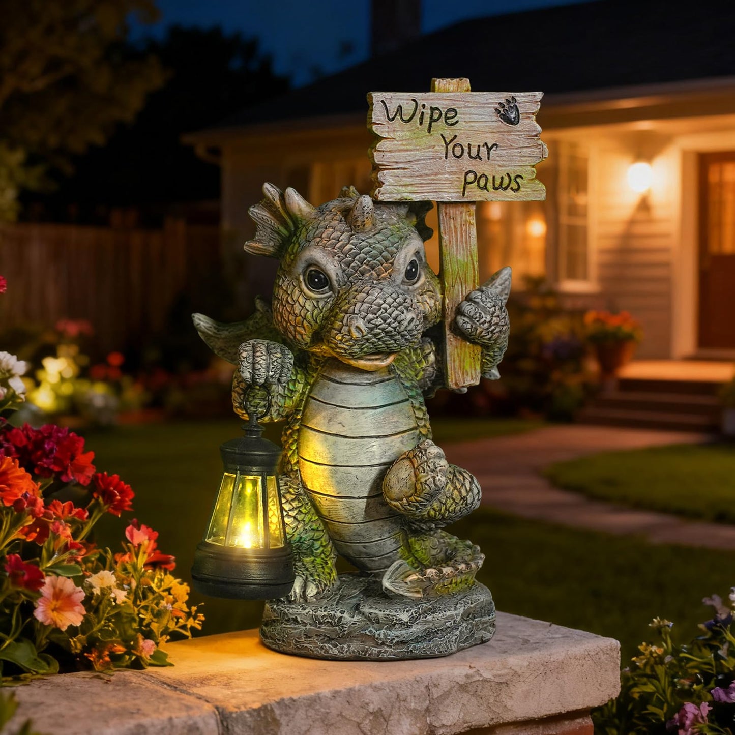 Joint Honglin Solar Dragon Garden Statue with Hanging Lantern - Cute Welcome Sign, Waterproof Resin Dinosaur Figurine, Outdoor Yard Decor for Front Door, Porch, Patio, Dog Pet Lover Gift