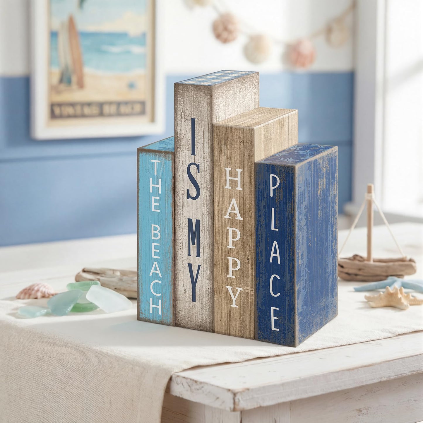 Lineshading 4 Pcs Summer Table Decoration Wooden Book Coastal Beach Decoration Blue and White Summer Tiered Tray Decor Wood Book Signs Farmhouse for Ocean Party Home Shelf Coffee Table