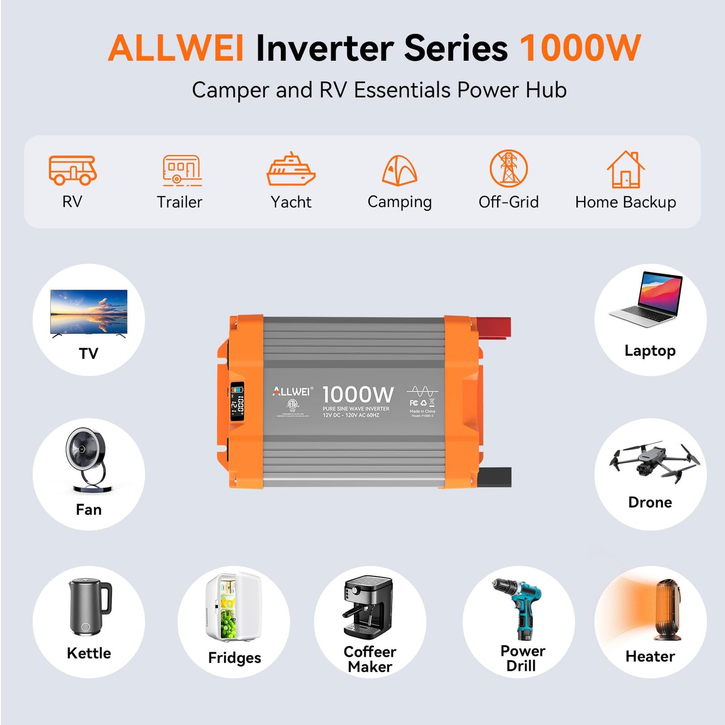 ALLWEI Pure Sine Wave Inverter - 1000 Watt Inverter 12V DC to 120V AC Converter for Home, RV, Truck, Off-Grid Solar Power Inverters for Vehicles, Car Power Inverters with 2 Sockets, 2000W Peak