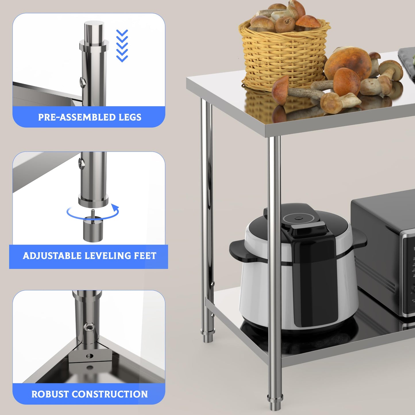 Stainless Steel Table, 36" x 24" Prep Workstation, 1000 LBS, NSF Commercial Work Table with Adjustable Undershelf and Galvanized Legs, for Restaurant, Home, Kitchen, Hotel, Outdoor