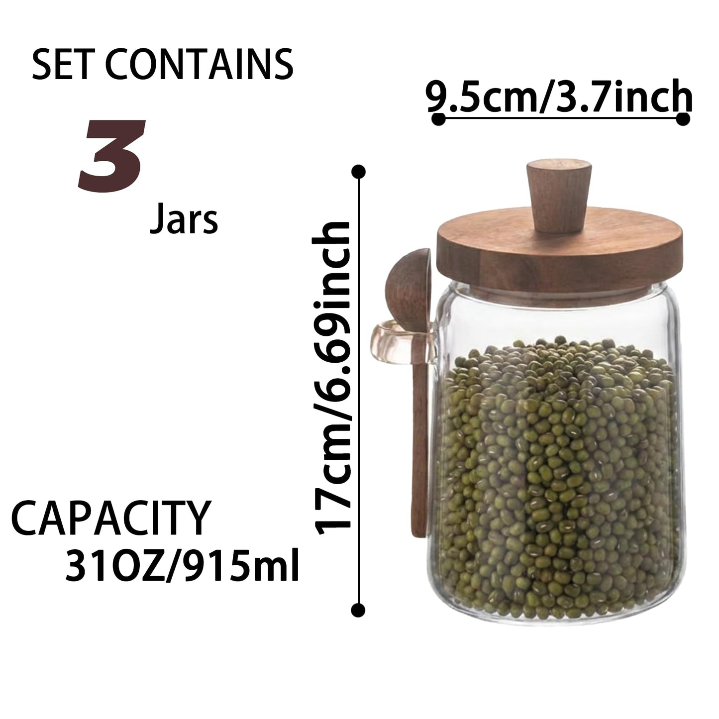 Piscepio Set of 3 Glass Jars Containers with Wooden Lids and Scoop Clear Canister Jars Set with Spoon for Kitchen Food Storage Coffee Tea Sugar Decorative Countertop Organization Jars 31 oz (3)