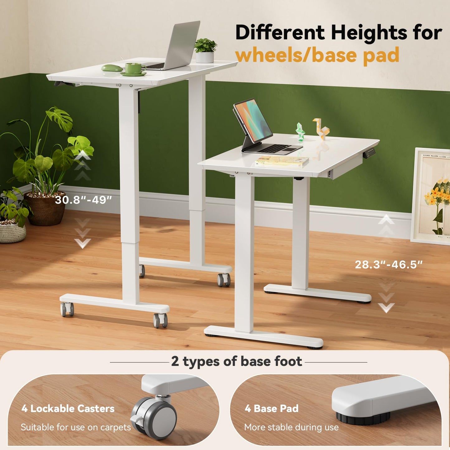 Gibbon Mounts Glass Standing Desk with Drawer, 35×20Inch Whole Piece Height Adjustable Rising Desk, Electric Sit Stand Desk with Wheels, Small Computer Desk, White