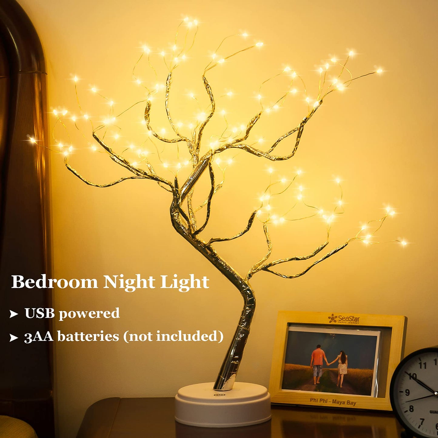 PXBNIUYA 108 LED Sparkly Fairy Tree Lamp, Warm White, Remote Control, USB/Battery, 8 Modes, DIY Bonsai Decor, Festival Decoration Light