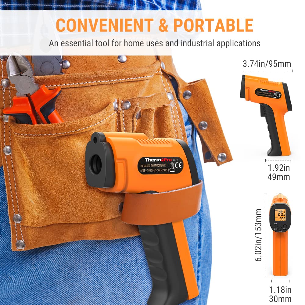 ThermoPro TP30 Infrared Thermometer Gun, Laser Thermometer for Cooking, Pizza Oven, Griddle, Engine, HVAC, Laser Temperature Gun with Adjustable Emissivity & Max Measure -50°C ~ 550°C (Not for Human)