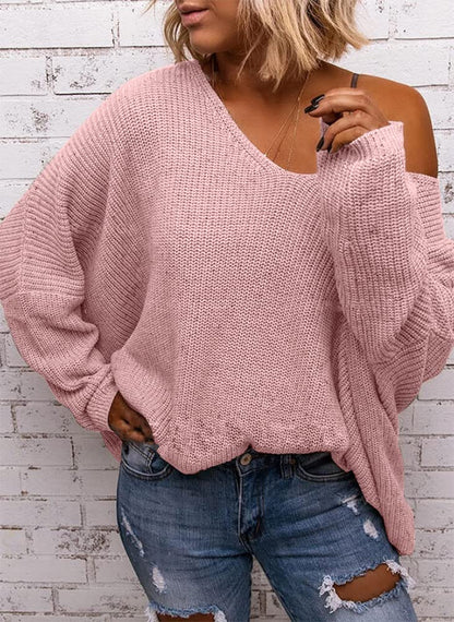 BZB Women's V Neck Long Sleeve Knit Loose Oversized Pullover Sweater Top