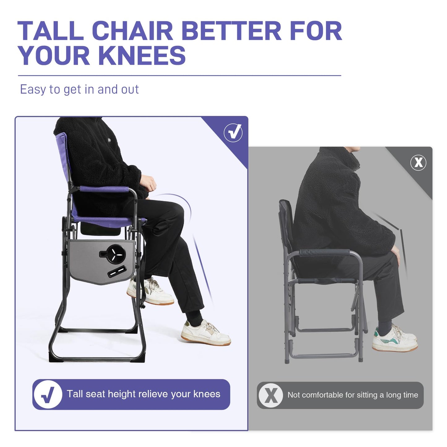 EVER ADVANCED Portable 30.7" Seat Height Tall Folding Camping Chair Directors Chair High Foldable Bar Stool with Side Table for Makeup Artist, Sports Event, Craft Show, Supports 350LBS