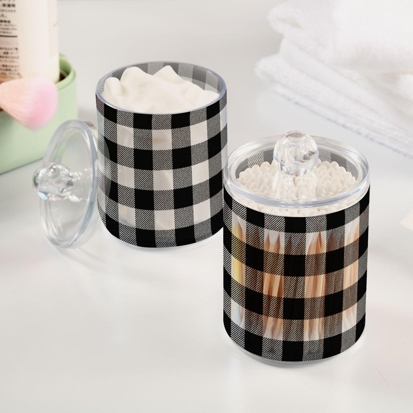 Gravopti Black and White Buffalo Plaid 14oz Storage Jars with Lids, Clear Plastic Airtight Kitchen Food Canisters for Candy, Salt, Coffee Beans, 2 Pack