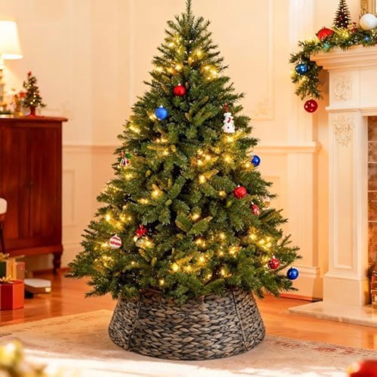 Sweetcrispy 24inch Christmas Tree Collar for 4.5-6ft Trees, Woven Hyacinth Rattan 4-Panel Collar w/Cord Access Hole & Easy Lock Design, Handwoven, Black
