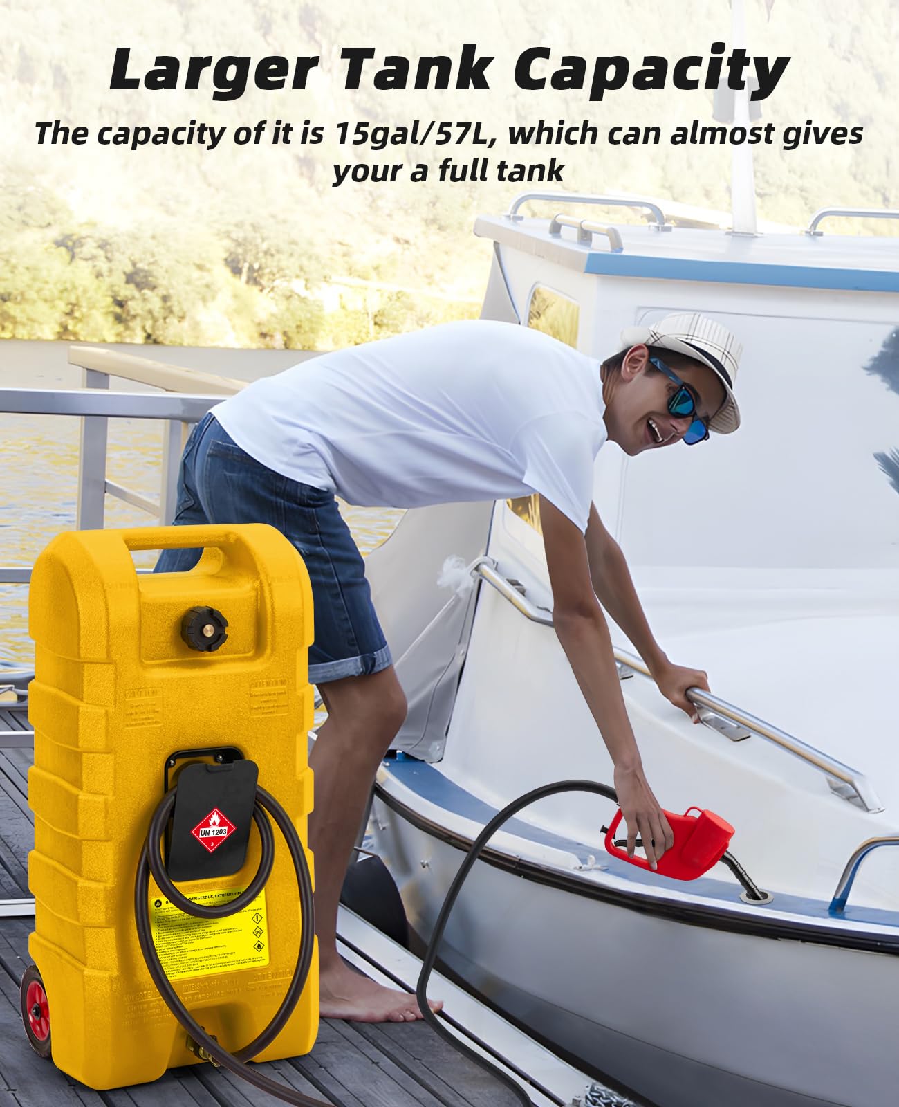 15 Gallon Portable Fuel Tank Caddy with Manual Transfer Pump – Heavy-Duty Gas Storage Toolbox – 10FT Hose – Leak-Proof, Mobile Fuel Container for Cars, Boats, Lawn Mowers, ATVs – Yellow