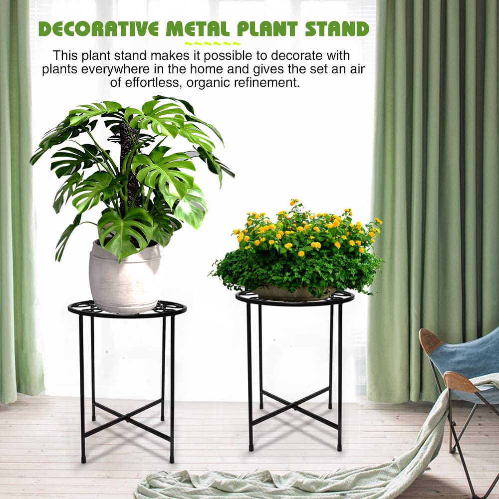 KABB Metal Plant Stand, 15'' Tall Flower Pot Stand Set of 2, Modern Rustproof 10-inch Round Outdoor Plant Stand | Iron Art Flower Stand | Plant Stool, Decorative Black Plant Stands for Indoor Plants