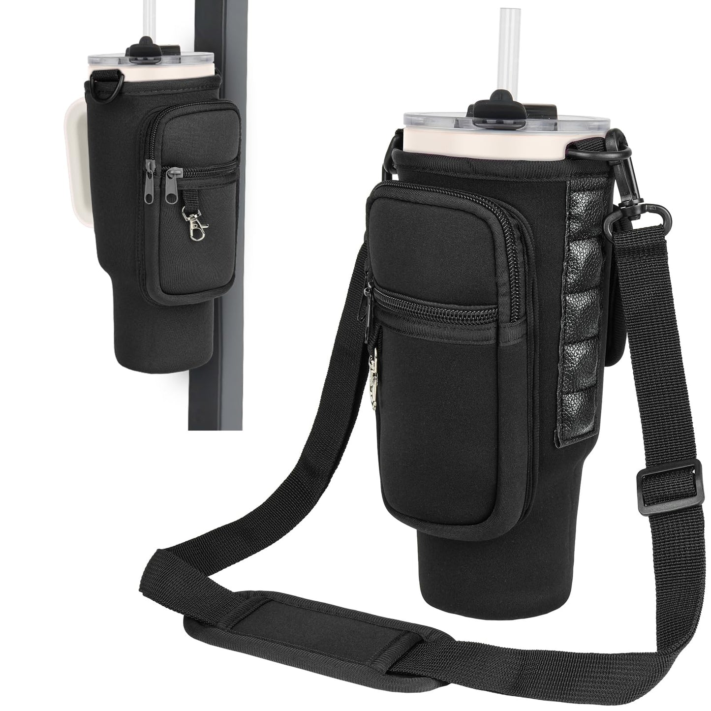 Magnetic Water Bottle Carrier Bag Compatible with Stanley/Meoky 40 oz Tumbler with Handle,Water Bottle Holder Pouch with Adjustable Shoulder Strap & Phone Pocket Fits for Stanley Cup Accessories