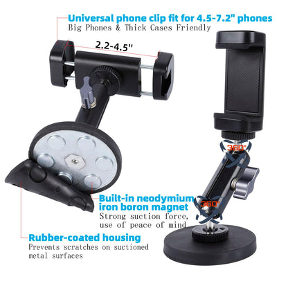 Gym Magnetic Phone Holder Mount with 360° Adjustable Dual Ballhead Magic Arm, Magnet Base Phone Mount for Gym Equipment, Refrigerator, or Any Ferrous Metal Surface, Compatible with All Smartphones