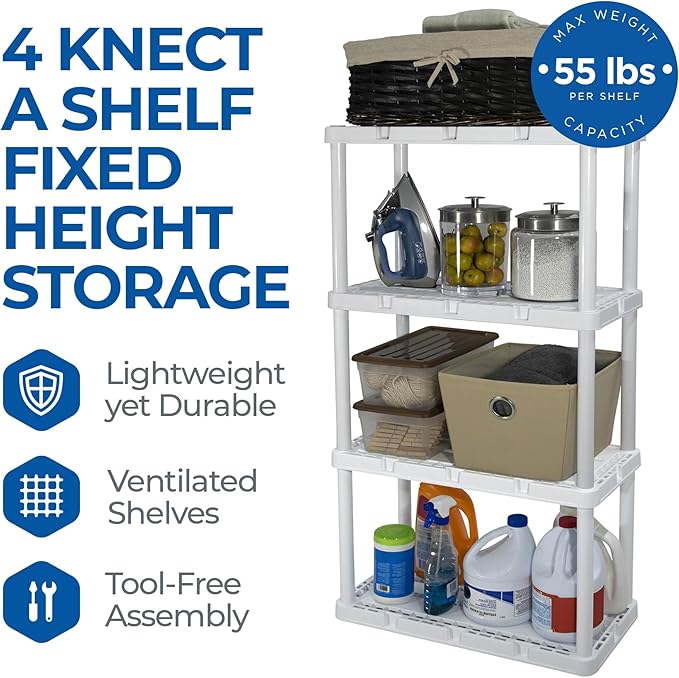 Gracious Living 2 Pack Light Duty Storage Shelves, Knect-A-Shelf 4-Shelf Ventilated Shelving Rack Organizer for Home, Garage, Basement & Laundry, White