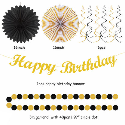 Black Gold Women-Men Birthday Party-decorations - 21pcs Happy Banner,Paper Streamers Lanterns Honeycomb,Tissue Pom Poms Fan,Classroom Birthday Supplies Decor Huglony
