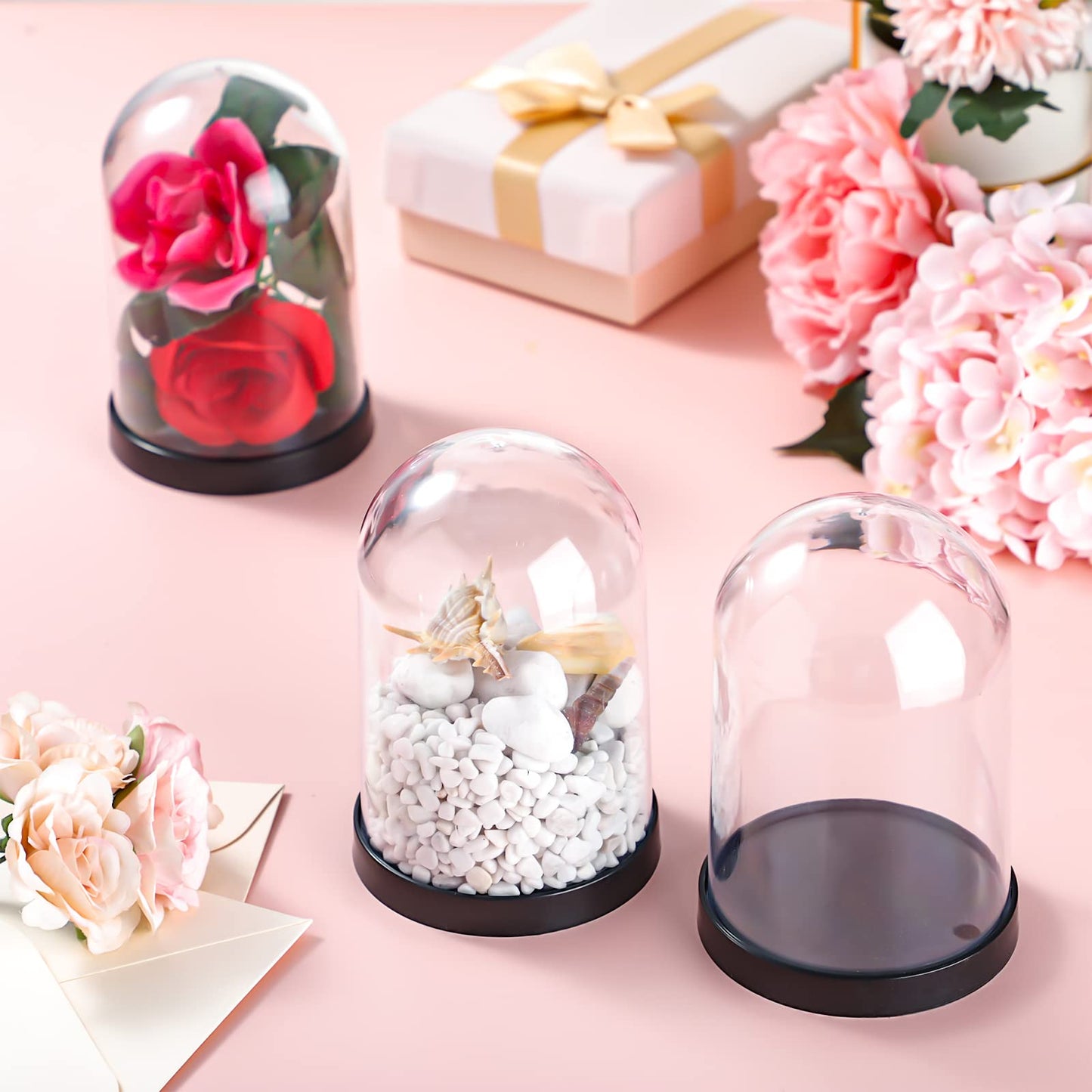 Zhengmy Plastic Dome Display Case Cloche Bell Jar with Base Clear for Collectibles Rose Office Home Tabletop Centerpiece Decoration(2 Pieces)