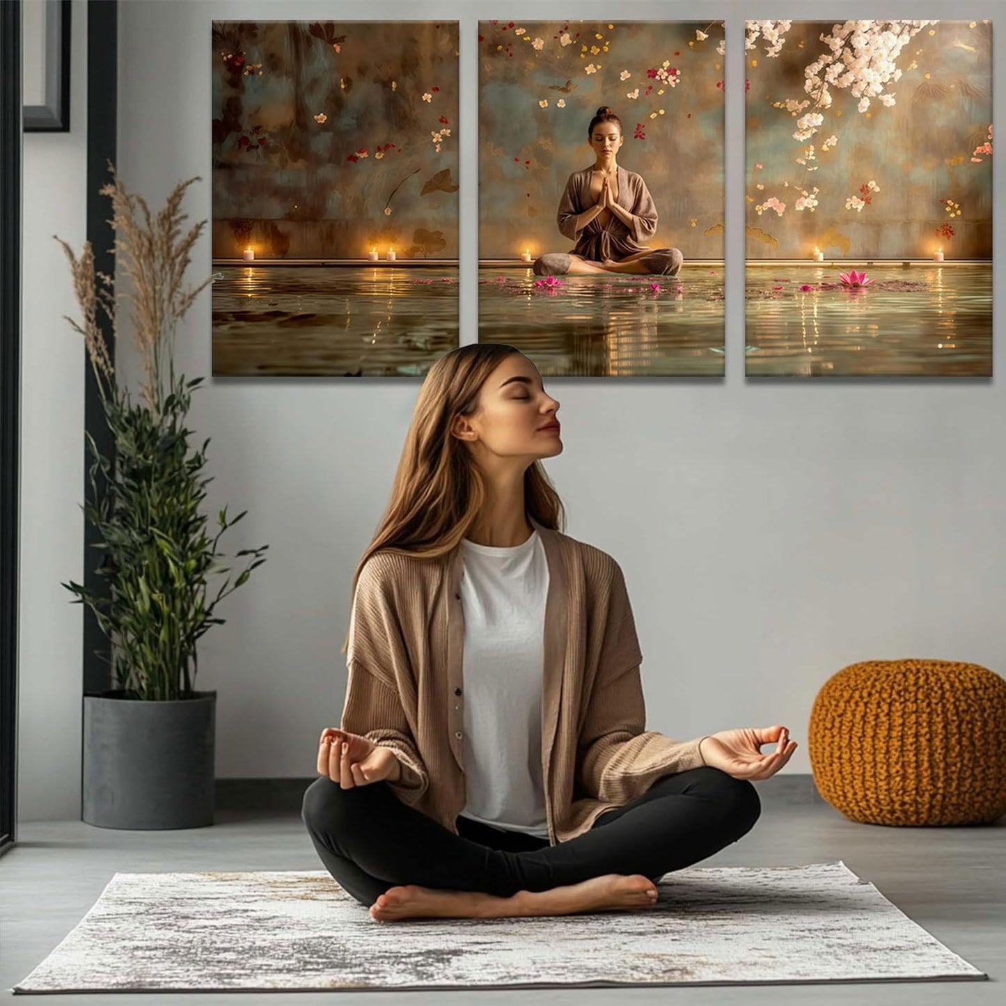 Framed Abstract Yoga and Meditation Wall Art 3 Piece Set - Living Room Yoga Studio Spa Meditation Buddha and Floating Lotus Wall Decoration with Candles and Cherry Blossoms, Serene Woman Unstressing, For Home, Office, Bedroom, Multi-coloured Contemporary