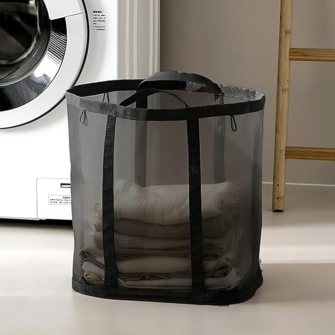 Mesh Bag with Handles, Collapsible Laundry Basket, Foldable Laundry Bag