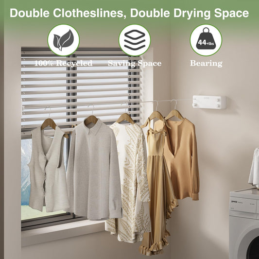 Danpoo Retractable Clothesline Indoor/Outdoor, Clothes Line Retracting Indoor, Double Clothes Lines for Hanging Clothes with 13.8 Ft Steel Wire, Laundry Line, Clothes Drying Line, White