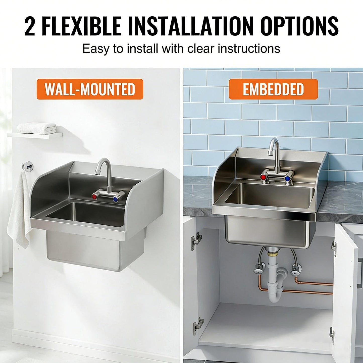 GarveeTech Commercial Stainless Steel Hand Wash Sink with Side Splash Guards, Small Wall Mount or Drop-In Handwashing Basin, 360° Swivel Faucet & Drain Kit for Restaurant Kitchen Bar Garage