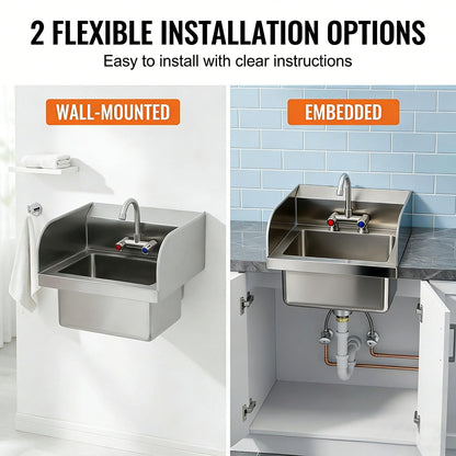 GarveeTech Commercial Stainless Steel Hand Wash Sink with Side Splash Guards, Small Wall Mount or Drop-In Handwashing Basin, 360° Swivel Faucet & Drain Kit for Restaurant Kitchen Bar Garage