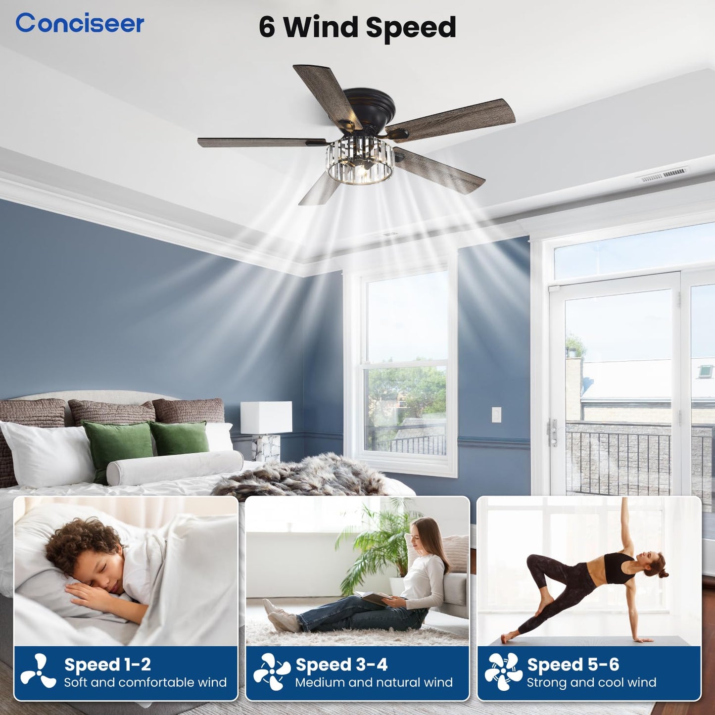 Chandelier Crystal Ceiling Fans with Lights, 52 Inch Chandelier with Light and Remote for Bedroom Living Room Kitchen Office, 3CCT, 5 Blades 6 Speed Reversible Dimmable Quiet DC Motor Burlywood