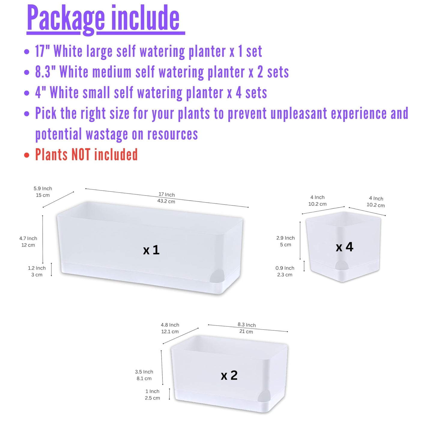 LaLaGreen Planters for Indoor Plants (7 Pack) White Rectangular Self-Watering Window Boxes Planter, Plastic Flower Box Pots Herb Small Long Windowsill Plant with Drainage Patio Garden Home Decor Porch