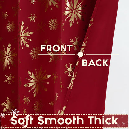FRAMICS Christmas Curtains for Living Room and Bedroom - Gold Snowflake Foil Print, Blackout, Red, 84 Inch Length, 2 Panels Set, Grommet Window Curtains for Winter