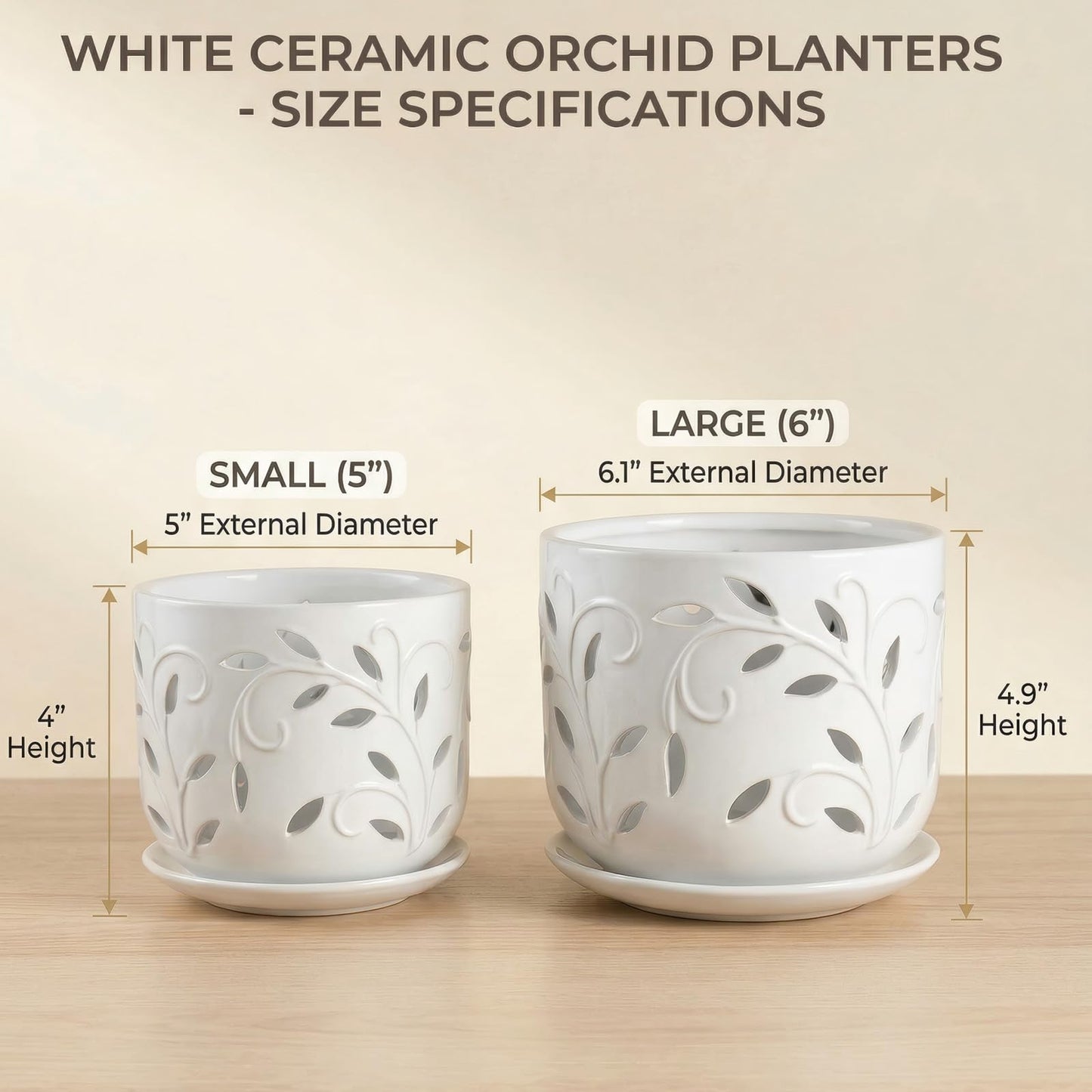 EFISPSS Ceramic Orchid Pots 5+6 Inch White with Drainage Holes & Tray, Breathable Airflow, Indoor & Outdoor