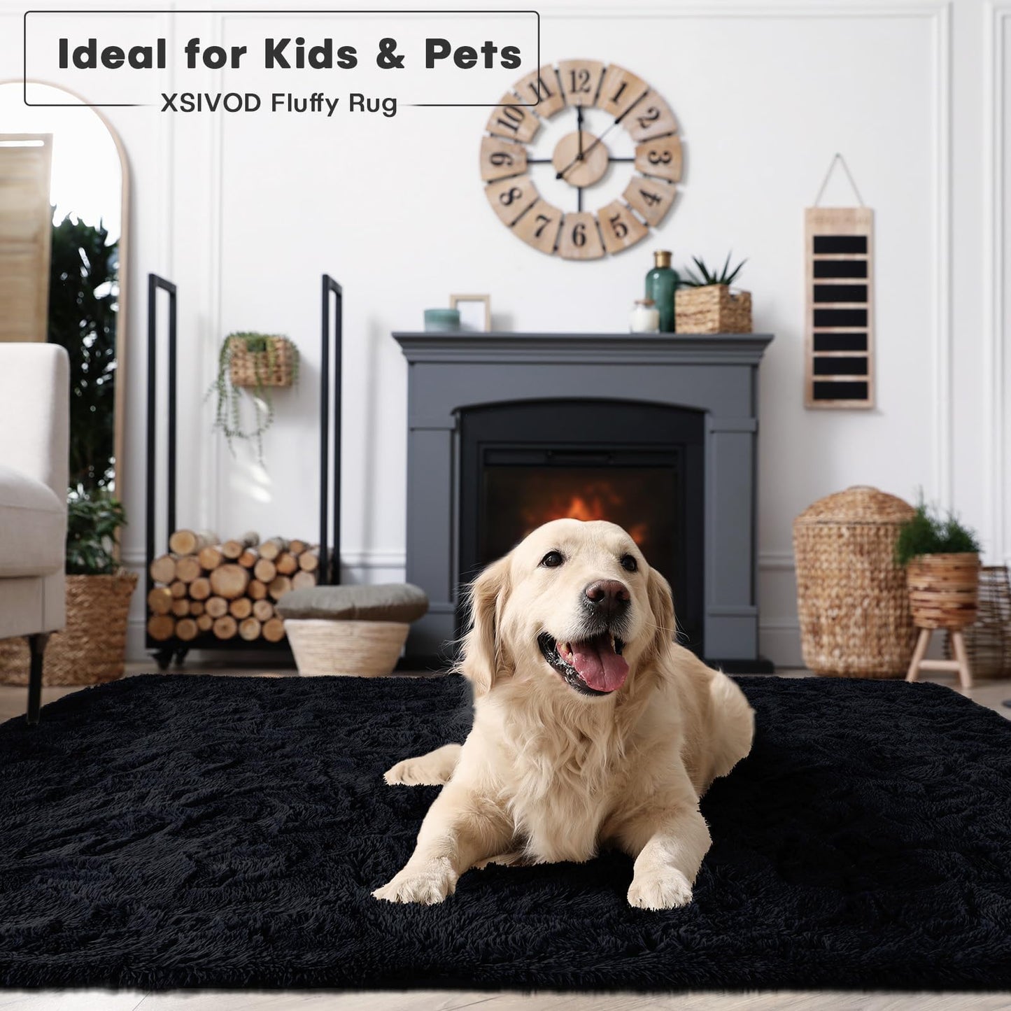 XSIVOD Black Rugs for Living Room, Ultra Soft Bedroom Rug, Plush Floor Carpet, Luxury Fluffy Shag Lounge Carpet for Nursery, Kids Baby Room, 80x160cm