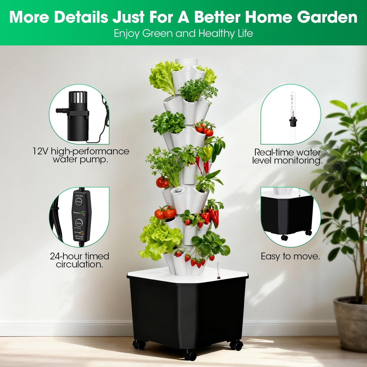 Vertical Hydroponic Tower Garden，35 Pods 7-Layer Indoor Outdoor Growing System with Smart Timer,3 Seed Starter Tray.Water Pump-BPA-Free Modular ，for Hydroponic Gardening Lovers Planting Vegetables